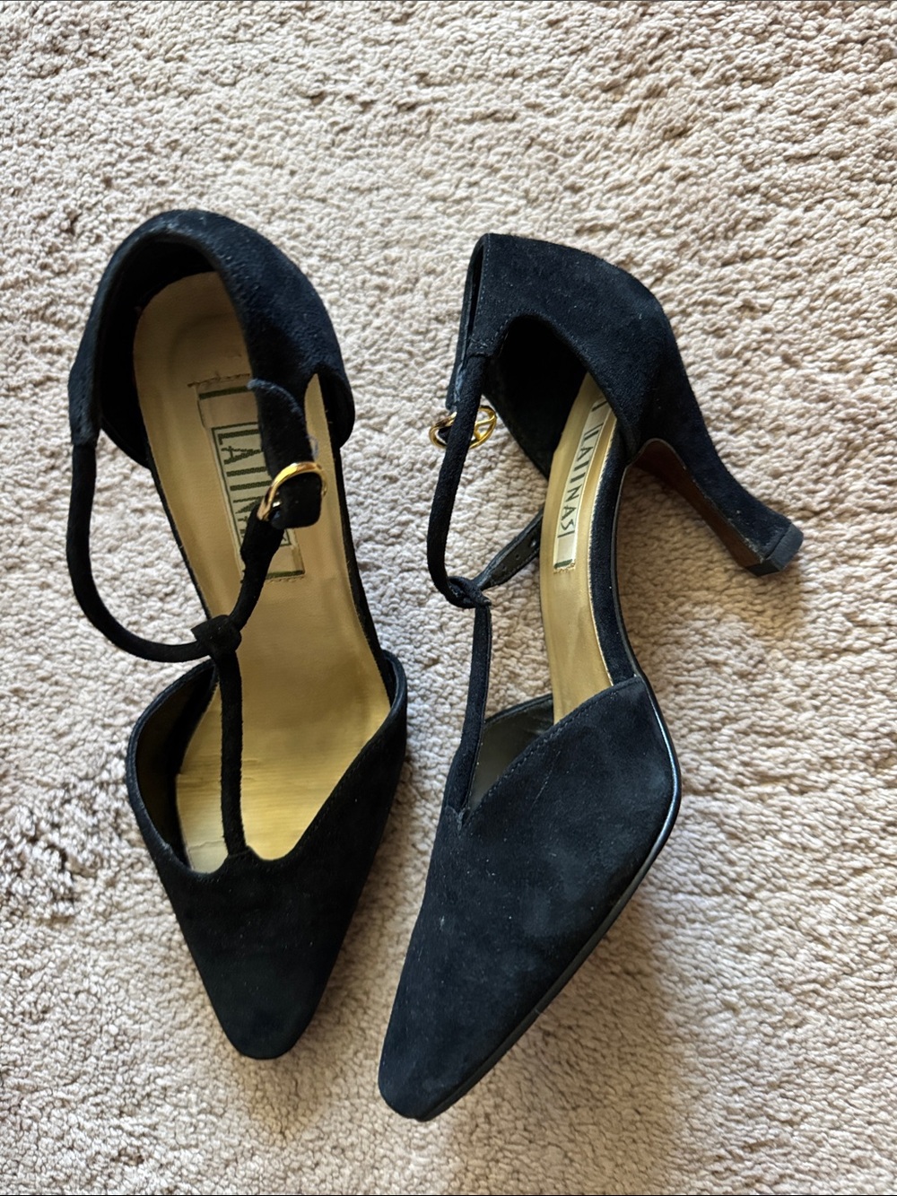 Black Suede T-Strap Pointed Pumps with Gold Buckle. Size 8